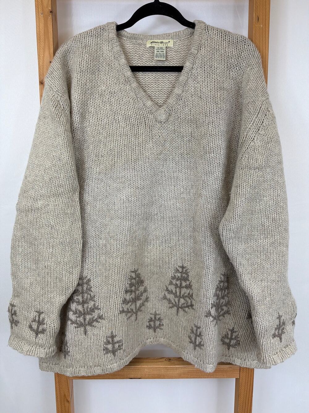 Vintage Eddie Bauer Cream Tree Pattern Wool Sweater Size XXL
